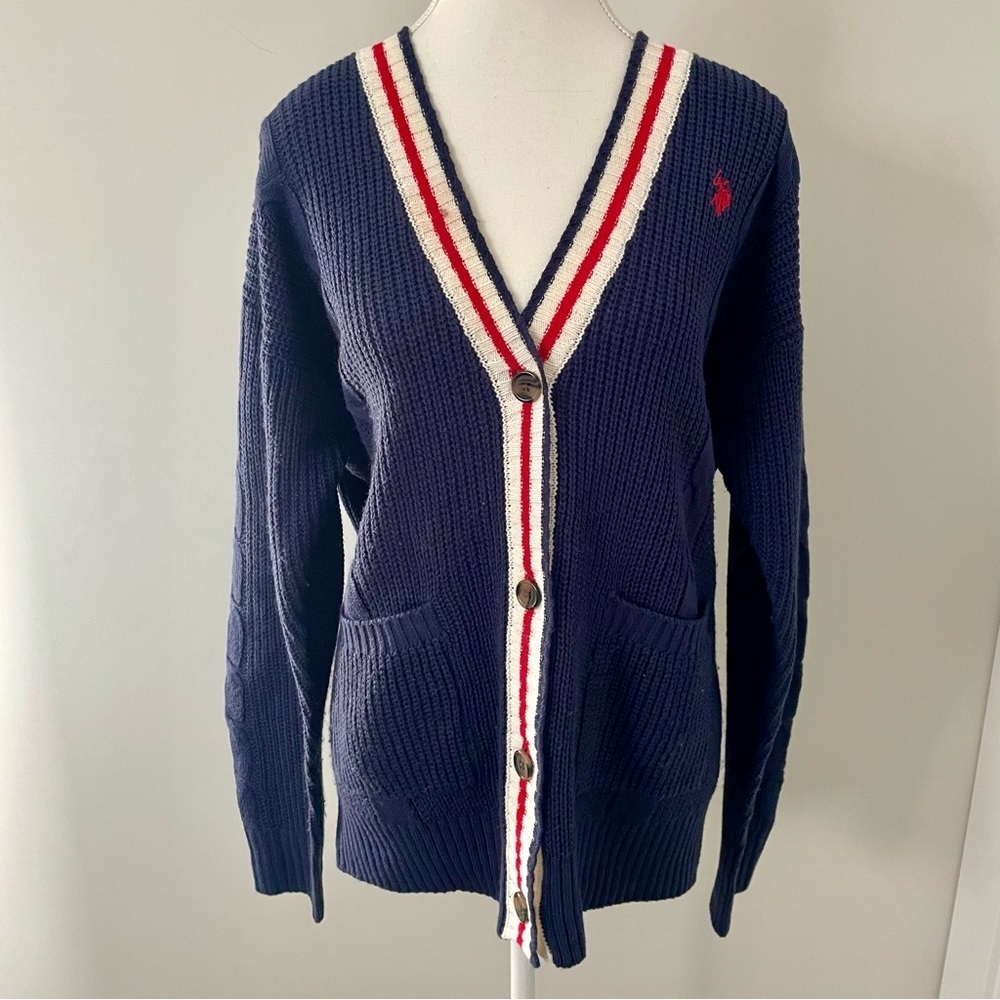 U.S. Polo Assn. Navy Cable Knit Button Up Cardigan Preppy Varsity Academia Large